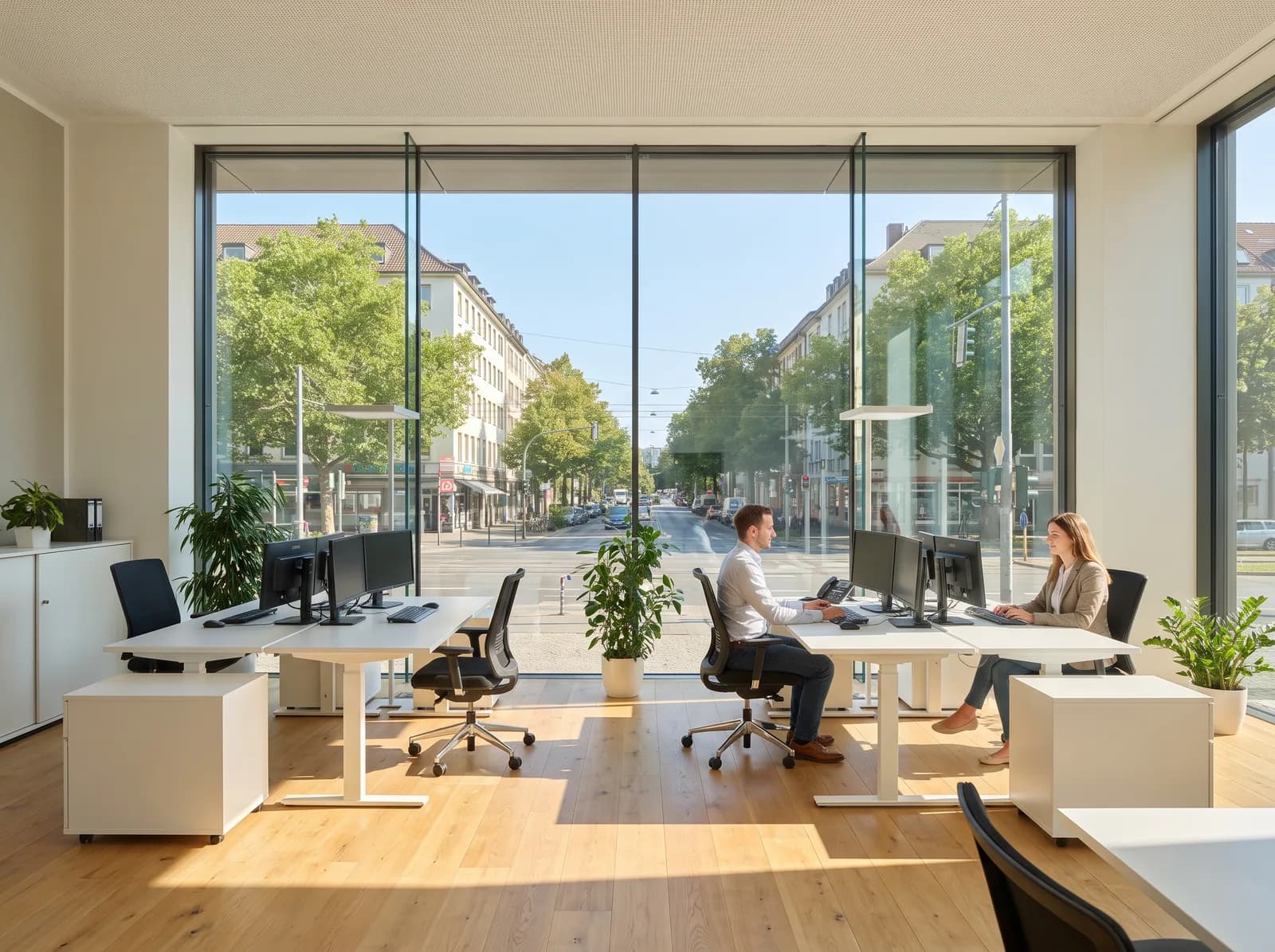 Helles Büro mit großer Fensterfront und Sonnenschutzfolie – Tageslicht bleibt erhalten