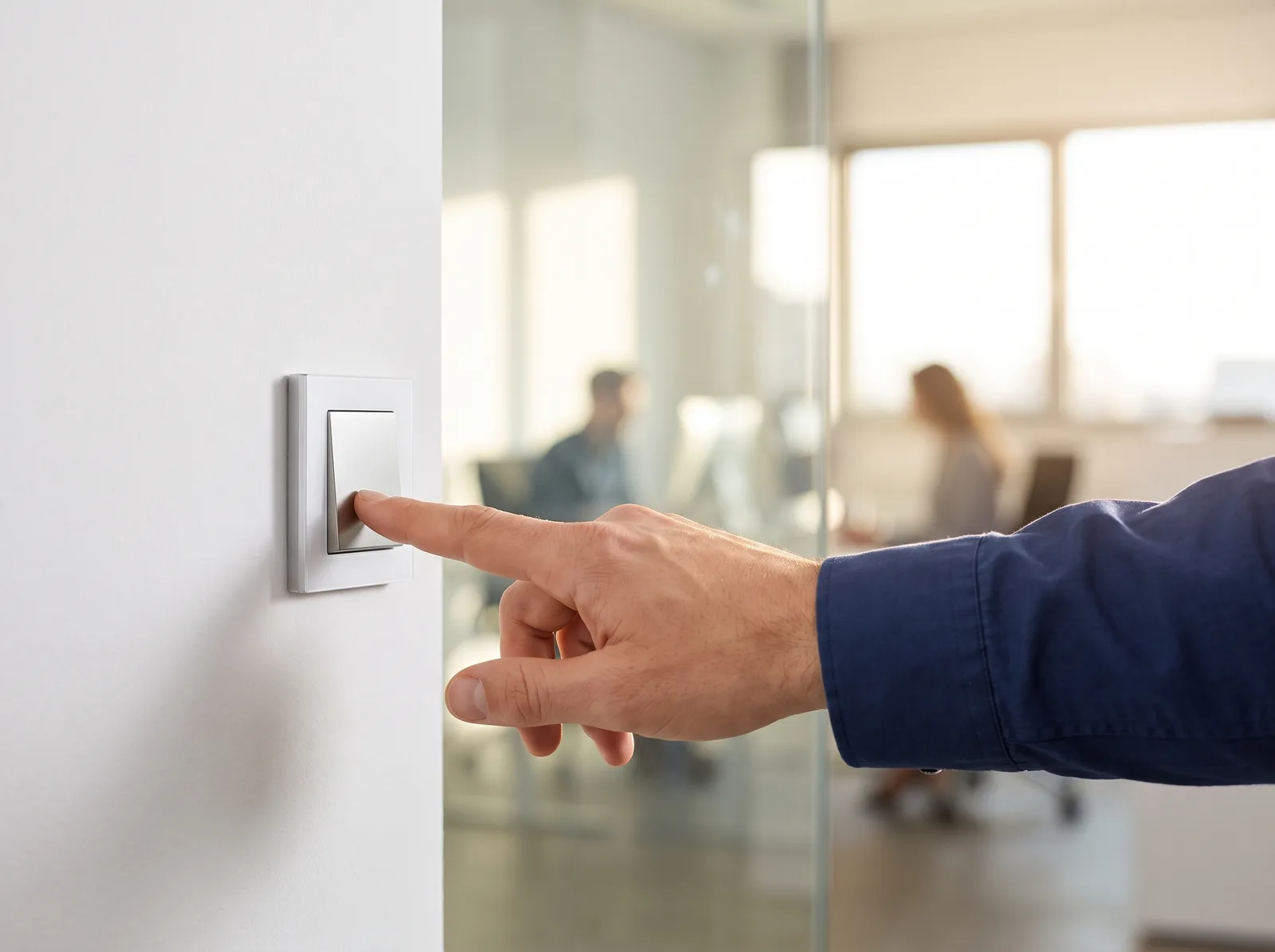 Wandschalter zur Steuerung der elektrischen Glasdekorfolie neben einer Konferenzraum-Glaswand